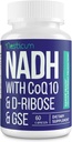 NADH 50mg + CoQ10 200mg + D-Ribose 150mg Supplement, Boosting NAD + Kosttilskudd for immunsystem, celleenergi, fokus, redusert nikotinamid adenin dinukleotid, 60 Veggie kapsler