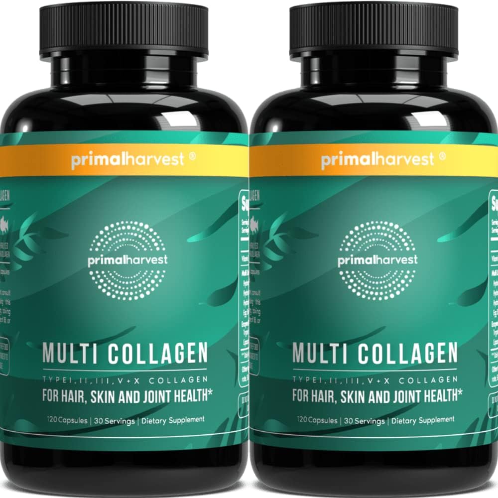 Първична реколта 2 пакет, Multi Collagen хапчета за жени и мъже (тип I, II, III, V, X) Collagen добавки за жени и мъже, 120 капсули w/Vitamin C за коса, кожа, нокти Collagen Peptides хапчета