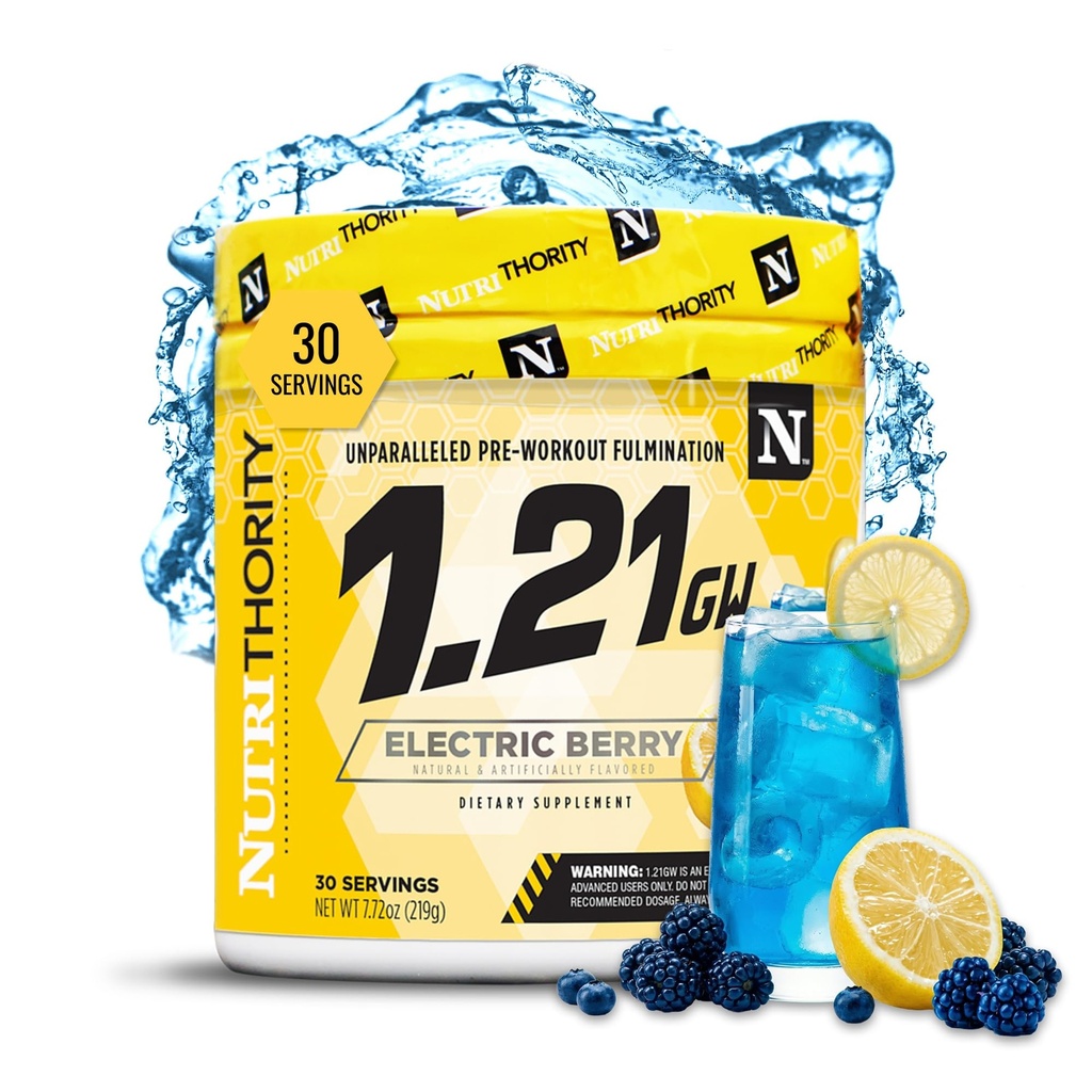 Nutrithority - 1.21GW High Stim Pre Workout Powder for Men, Strong Pre Workout Energy Powder Without Creatine, High Caffeine (Electric Berry) (30 Servings)