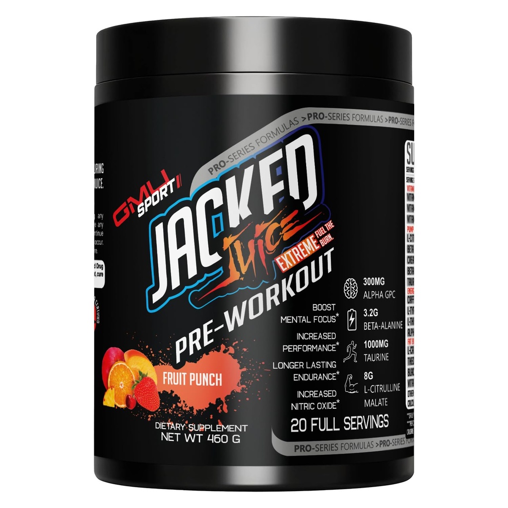 GMU SPORT Jacked Juice Pre Workout | Explosive Energy, Focus & Muscle Pumps | 8g Citrulline Malate, 3g Creatine, Beta Alanine, Alpha-GPC | 250mg Caffeine | 40 Servings Fruit Punch