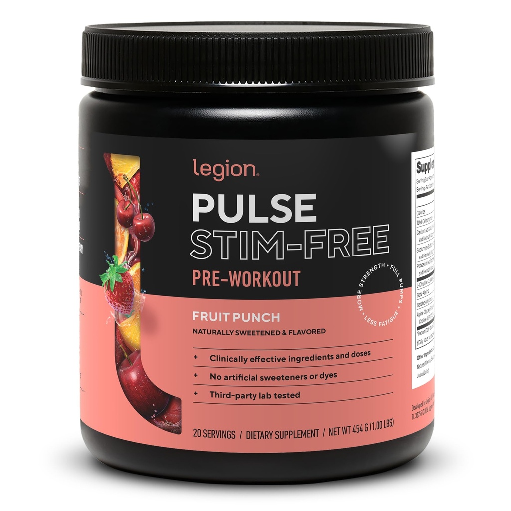 LEGION Pulse Pre Workout Supplement - All Natural Nitric Oxide Preworkout Drink to Boost Energy, Creatine Free, Naturally Sweetened, Beta Alanine, Citrulline, Alpha GPC (Caffeine Free Fruit Punch)