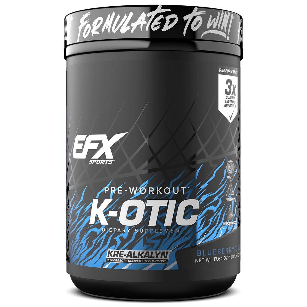 EFX Sports K-OTIC Pre Workout | with Kre-Alkalyn Creatine & Hydromax Glycerol | 300mg Caffeine + Full-Spectrum Amplifiers | 20 Servings (Blueberry Crush)