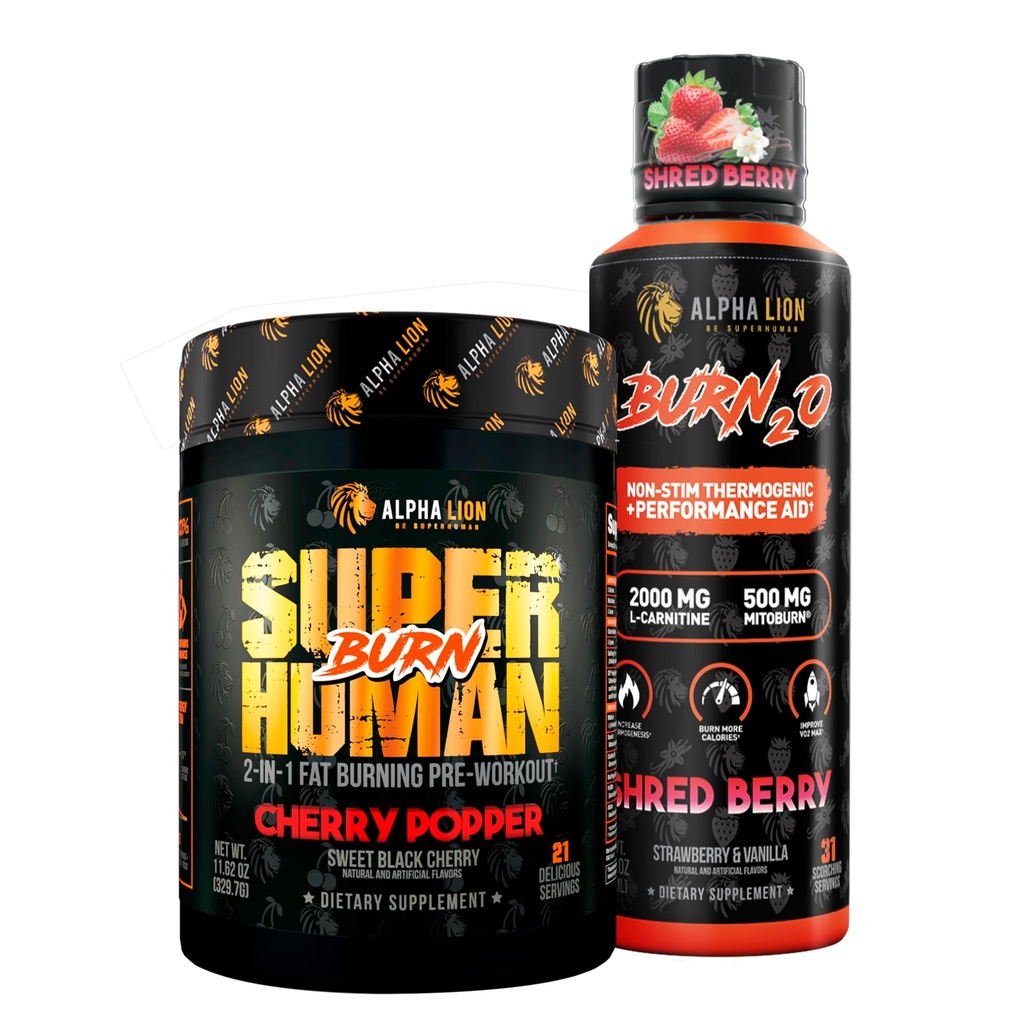 ALPHA LION Stubborn Fat Loss Stack – Superhuman Burn Pre Workout + Burn2O Liquid L-Carnitine 2000mg (Shredberry)– Thermogenic Fat Burner & Energy Supplement for Men and Women
