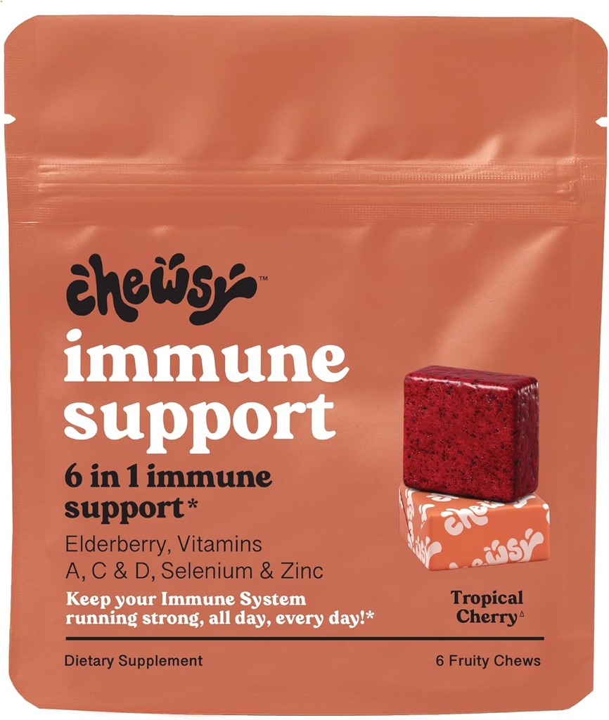 Chewsy - 6- in-1 Imunitate Support Fruity Chews with Elderberry - Vitamin C, A a D, Zinek a Selen - Individuálně zabalené - 6- Day Supply