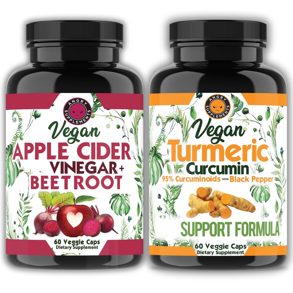 Angry Supplements Vegan Apple Cider Vinegar + Beet Root 60ct & Vegetarian Turmeric Curcumin 60ct- Plant Based Veggie Capsules for Men + Women (2pk-120ct)
