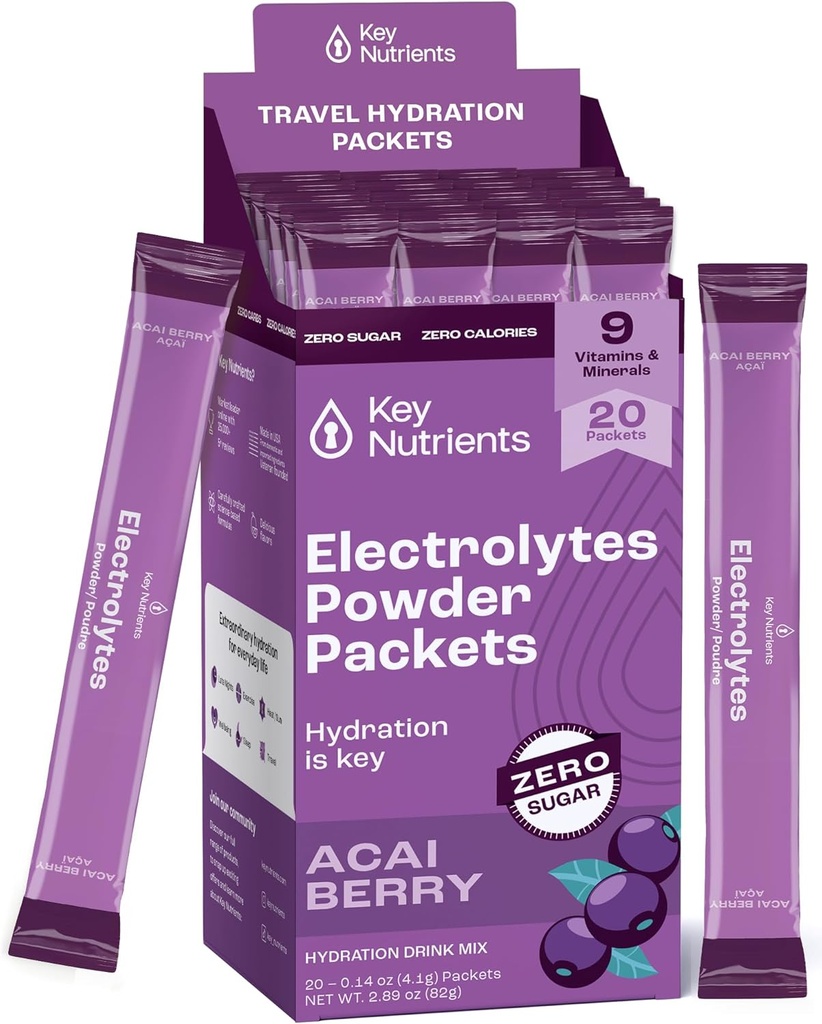 KEY NUTRIENTS Multivitamin Electrolytes pulver pakker - Delicious Acai Berry 20 Pack Hydration Packets - Reise Hydration pulver - Ingen sukker, ingen kalorier, Glutenfri - laget i USA
