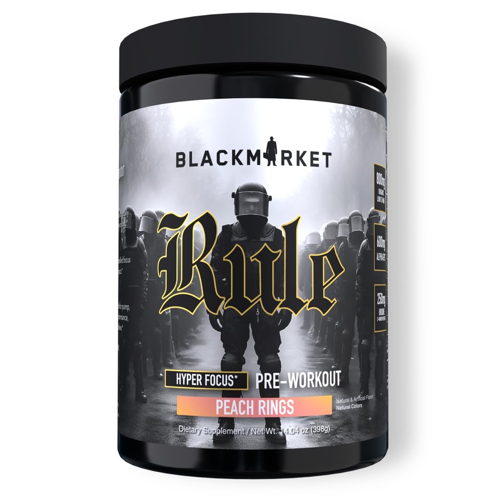 BLACKMARKET Rule – High-Stimulant Nootropic Pre-Workout | 485mg Caffeine, Alpha GPC, Lion’s Mane, Uridine | Intense Focus, Energy & Drive | Peach Rings | 40/20 Servings