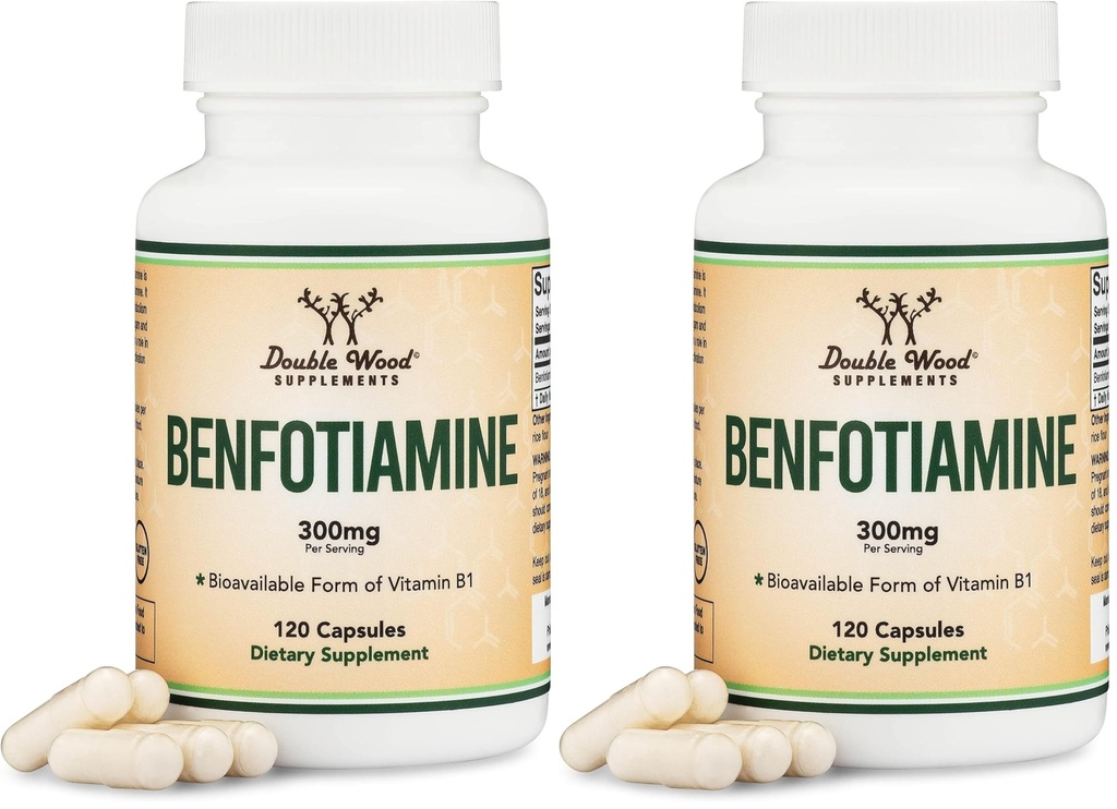 Benfotiamine 300mg Servings (Third Party Tested, 120 Capsules, 150mg Per Cap) Non-GMO, to Boost Thiamine B1 Levels (More Absorbable Than Thiamine, Fat Soluble) by Double Wood (Pack of 2)