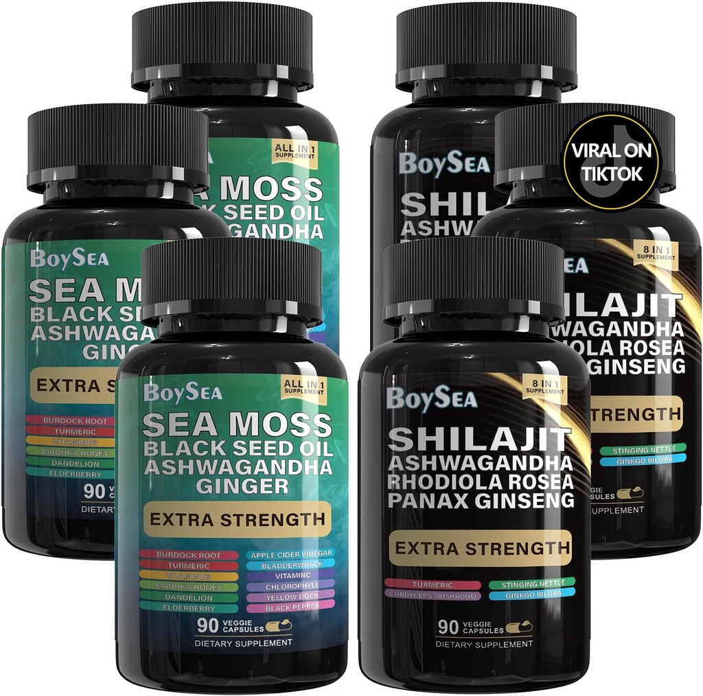 Boysea. Shilajit in Sea Moss Bundle- 90 Count - Sea Moss, Black Seed Oil, Ashwagandha, Ginger & Shilajit, Rhodiola Rosea, Vse v 1 dodatki (3 Pc)