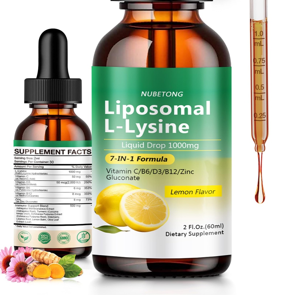 Liposomal L-Lysine 1000mg Liquid Drops, 7-in-1 Lysine Supplement for Adults with Vitamin C/B6/D3/B12 & Zinc Gluconate, Immune Support, Collagen Synthesis & Skin Lip Health, Lemon Flavor, 2 Fl Oz