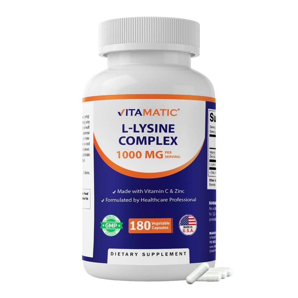 Vitamatic L-Lysine Complex 1000 mg with Vitamin C & Zinc – Immune Support, Cold & Skin Health – 180 Vegetable Capsules – Non-GMO, Gluten Free – Made in USA