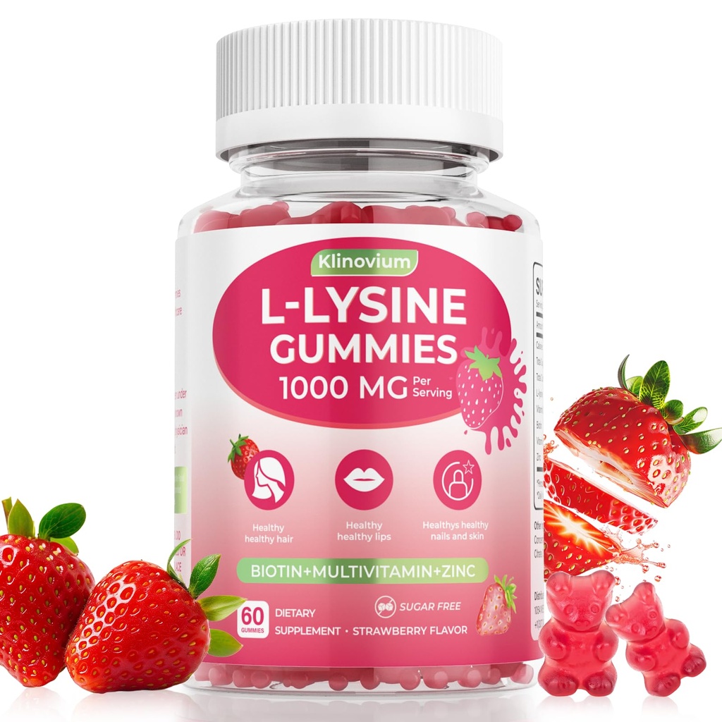 L-Lysine Gummies 1000 mg for Women per serving, 60mg Lysine Extract Supplement for Adults & Kids with Biotin, Multivitamins & Zinc - Cold Sore Supplement for Lip, Hair, Skin & Nail Health - 60 Count