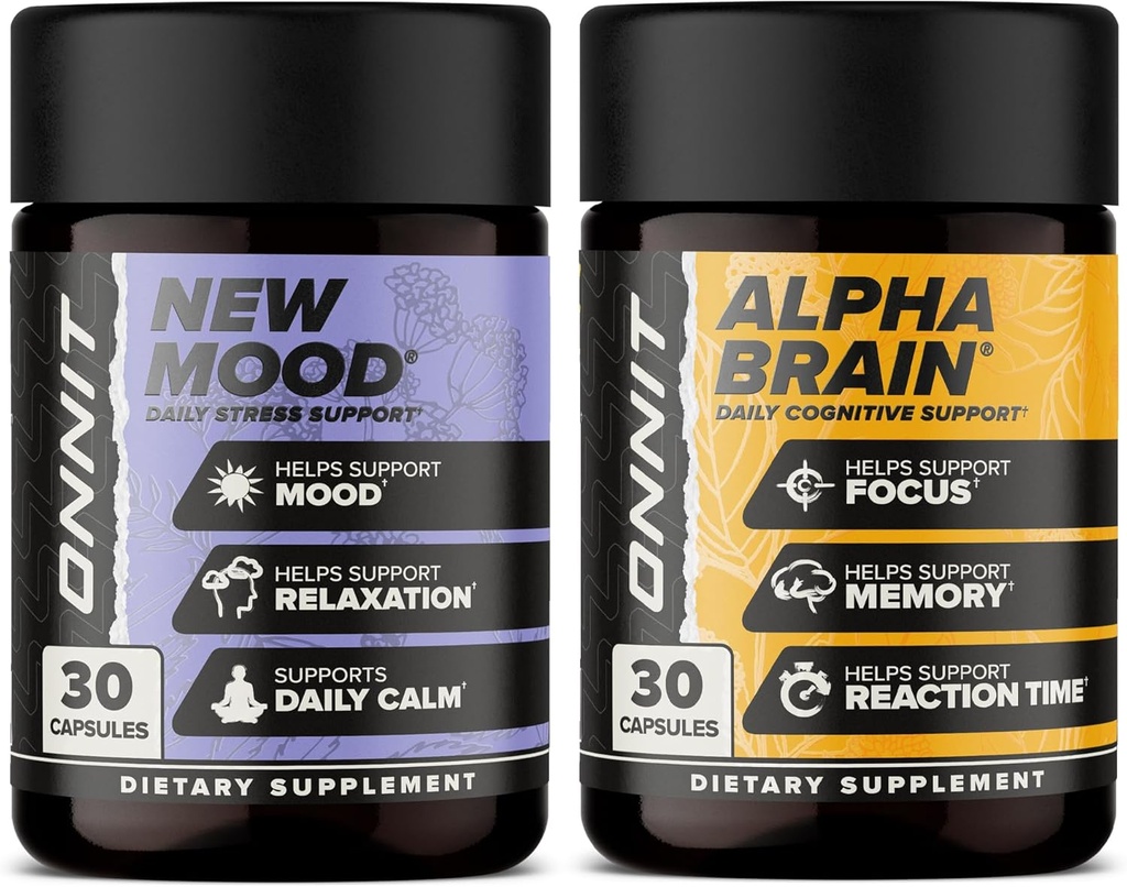 ONNIT Premium Alpha Brain Bundle - Ноотропний бюстгальтер добавки (30 граф) для Focus, Concentration & пам'яті + новий настрій добавки для полегшення стресу, сну та настрою (30 граф)