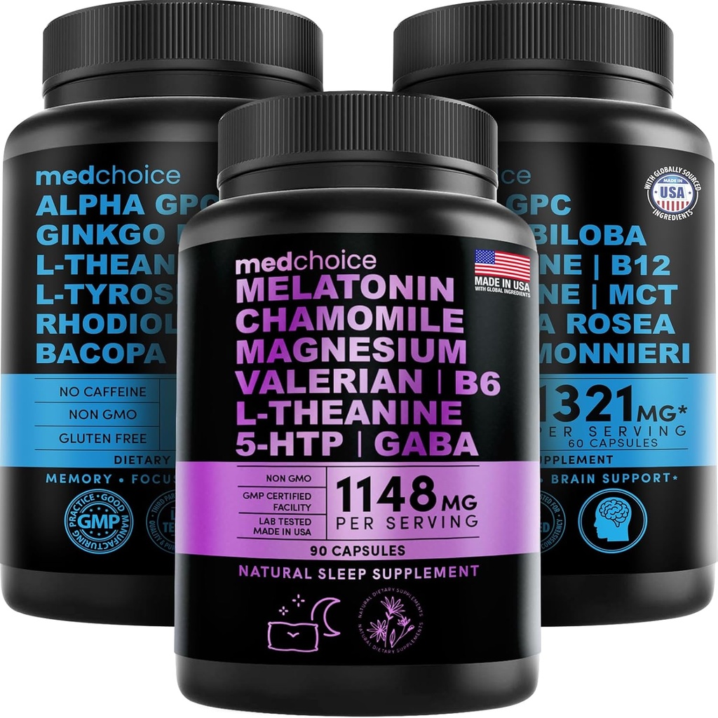 MEDCHOICE Dormire Melatonina (90ct) e cervello Nootropic (120ct) Supplemento Bundle - Benessere Duo per il sonno, cervello, messa a fuoco, & Mood Support - Vegan, Non OGM, Senza glutine