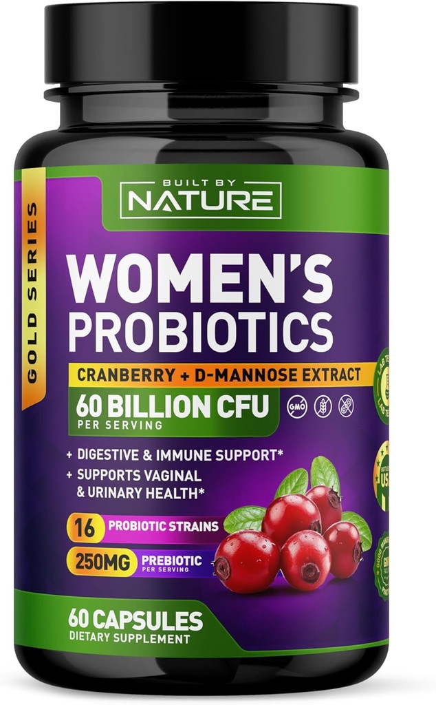 Kadınlar için Probiyotikler - 60 Milyar CFUs, 16 Strains, Cranberry, D-Mannose & Prebiyotiks - Supports Digestive, Immune, & Vaginal Health - Non-GMO, Dairy & Gluten-Free - 60 Veggie Capsules