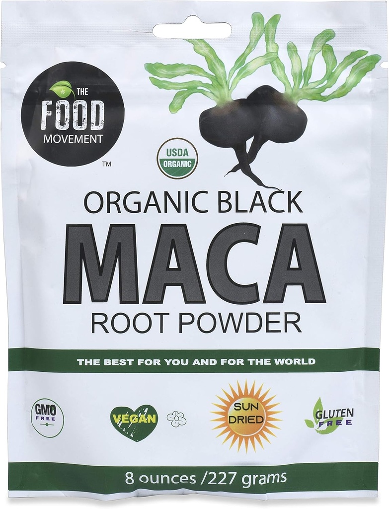 The Food Movement Co. Black Maca 8 oz Rå mat pulver - organisk, ikke-GMO, Vegansk, Glutenfri- Svart Maca Root Supplement for hele kroppens velvære