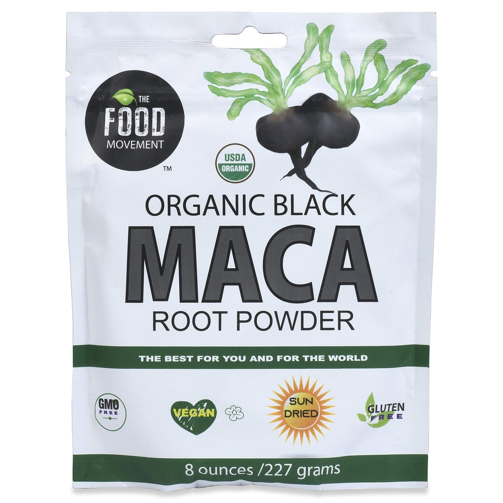 The Food Movement Co. Black Maca 8 oz Raw Food Powder - Organic, Non-GMO, Vegan, Gluten Free- Black Maca Root Supplement for Whole Body Wellness