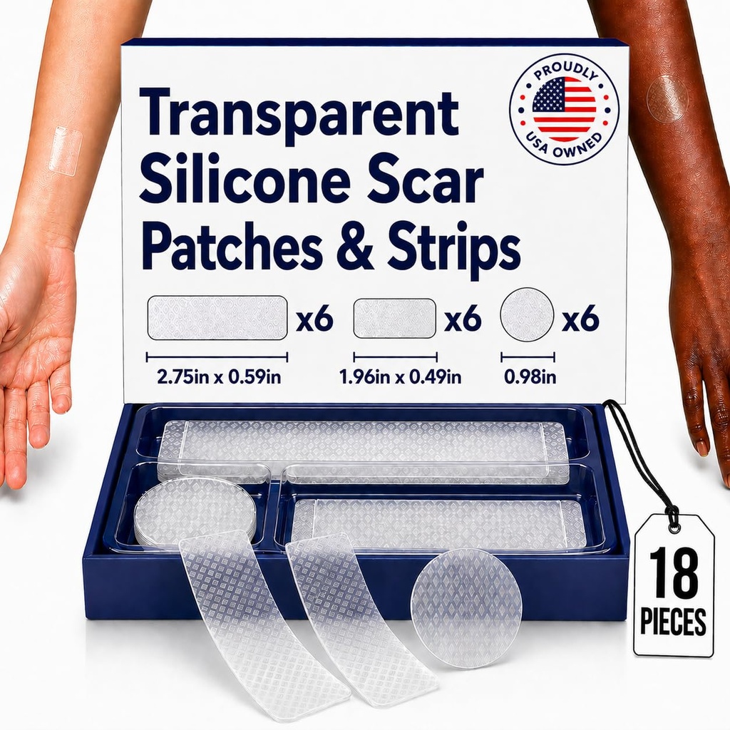 Silicone Scar Patches & Strips | 18 Pre-Cut Transparent Medical-Grade Pieces in 3 Sizes for Small to Medium Scars | C-Section, Surgery, Acne & Keloid | Discreet & Hypoallergenic