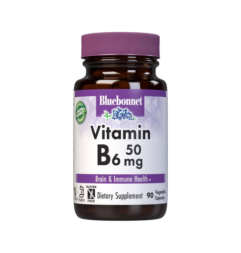 Bluebonnet Nutrition Vitamin B6 50mg Energy Vitamins for Women & Men - Nervous System Immune & Heart Health Support Supplement - Non-GMO, Vegan, Gluten-Free - 90 Vegetable Capsules