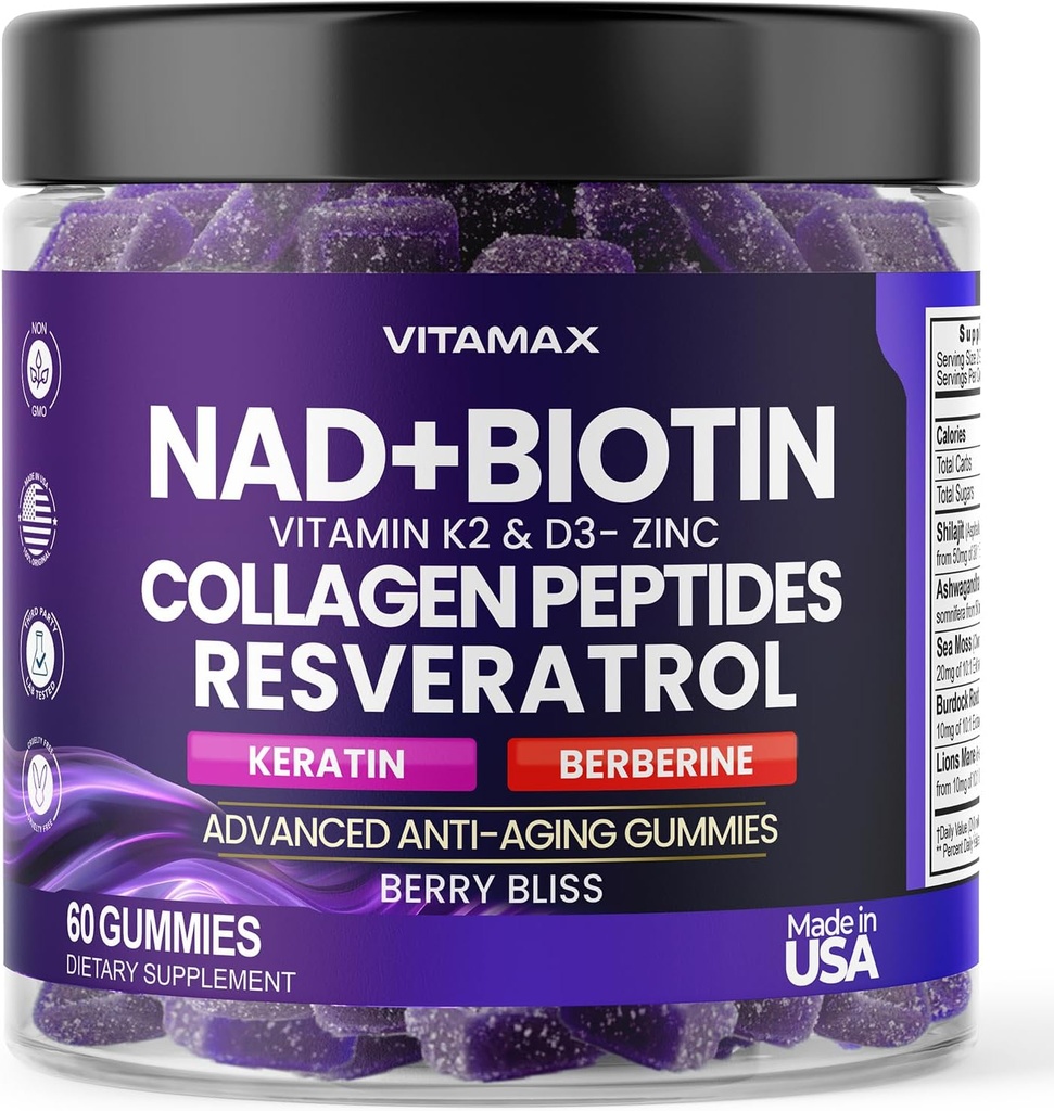 NAD+, Resveratrol, Berberine, & Biotin Anti-Aging Gummy - Cabelo, Pele, unhas e Suplemento Conjunto - Colágeno Peptídeos, Queratina, Zinco, Vitamina K2 & D3 Gummies - Regeneração- Não-GMO - Made in USA 60 Count