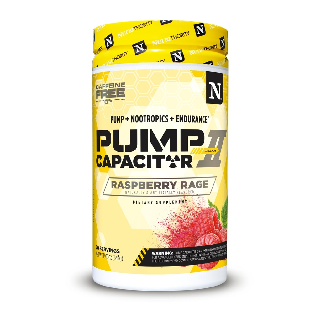 Nutrithority Pump Capacitor Non-Stimulant Sugar-Free Pre Workout for Men & Women, Raspberry Rage, 40 Servings - Nitric Oxide Booster, Intense Focus, Powerful Pumps & Strength Gains