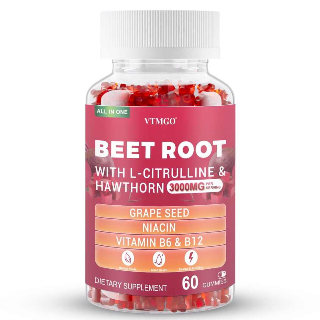 Beet Root Gummies 3000mg | L-Citrulline, Hawthorn & Grape Seed | Niacin, Vitamin B6 & B12 | Daily Vitality & Active Lifestyle Support* | 60 Gummies