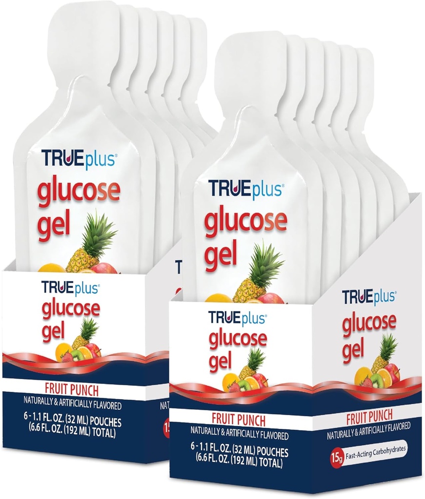 TRUEplus Glucose Gel Pouch, Fruit Punch Flavor, 15g Fast-Active Carbohydrates, Fat Free, Gluten Free, Γρήγορη υποστήριξη για χαμηλή ζάχαρη και ενέργεια αίματος, 12 Pack