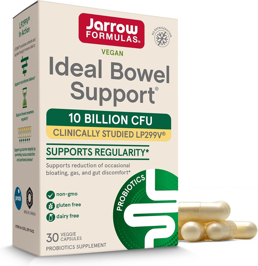 Jarrow Formulas Ideal Bowel Support - 10 miliardi di CFU Per Serving - Bowel Support - Riduce Bloating, Gas & Intestinal Discomfort - Fino a 30 Servings (Veggie Caps)