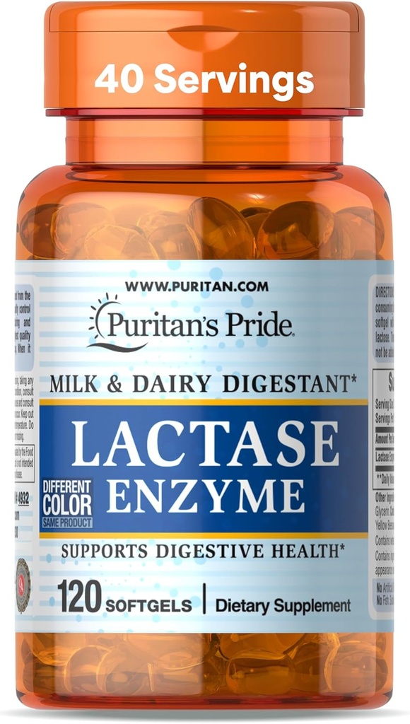 Orgulho de puritano Lactase Enzima, Leite e Lacticínios Digestante, Suplemento dietético Suporte para Digestão e Suporte de Energia Celular, Fornecimento de 40 dias, 120 Softgels
