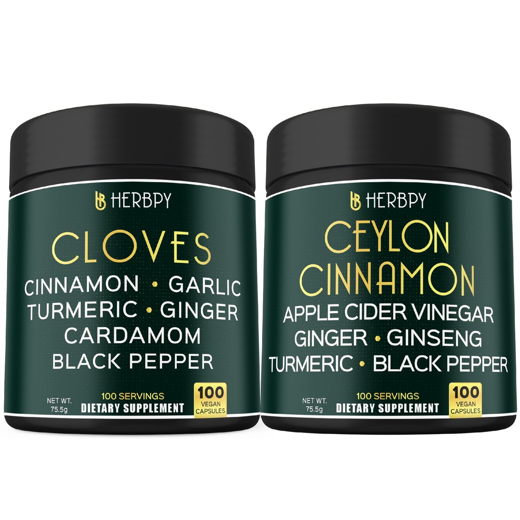 Herbpy Bundle 7in1 Clove Supplement 755mg/serving (100 Capsules) & 6in1 Premium Ceylon Cinnamon Capsules 755mg/serving (100 Capsules)