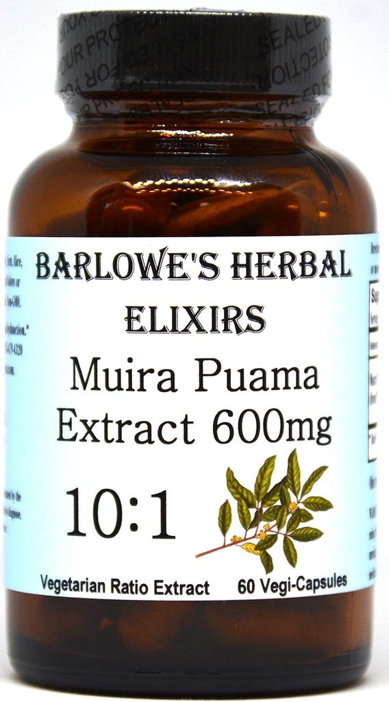 Barlowe's Kräuter Elixier Muira Puama 10:1 Extrakt | 600mg pro Kapsel | Traditionelle männliche Vitalitätsergänzung | 60 Vegan Kapseln | Stearatefrei, Non-GMO, verpackt in Glasflasche