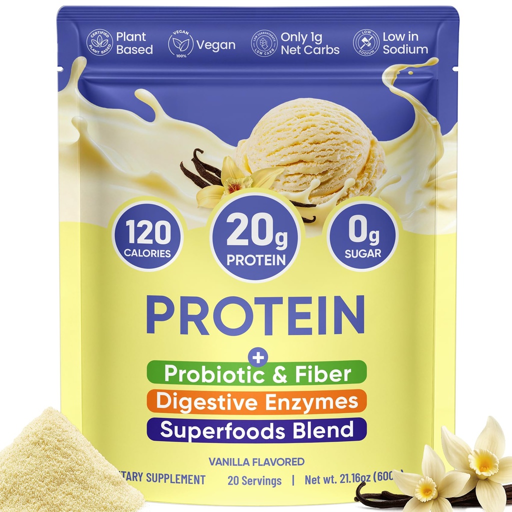 Venture Pal Vegan Vanilla Protein Powder, 20g Plant Based Protein with Superfood, 9 Billion CFU Probiotics & Enzymes, Easy to Digest - Pea Protein | Keto | Gluten & Dairy Free | Non-GMO | 20 Servings