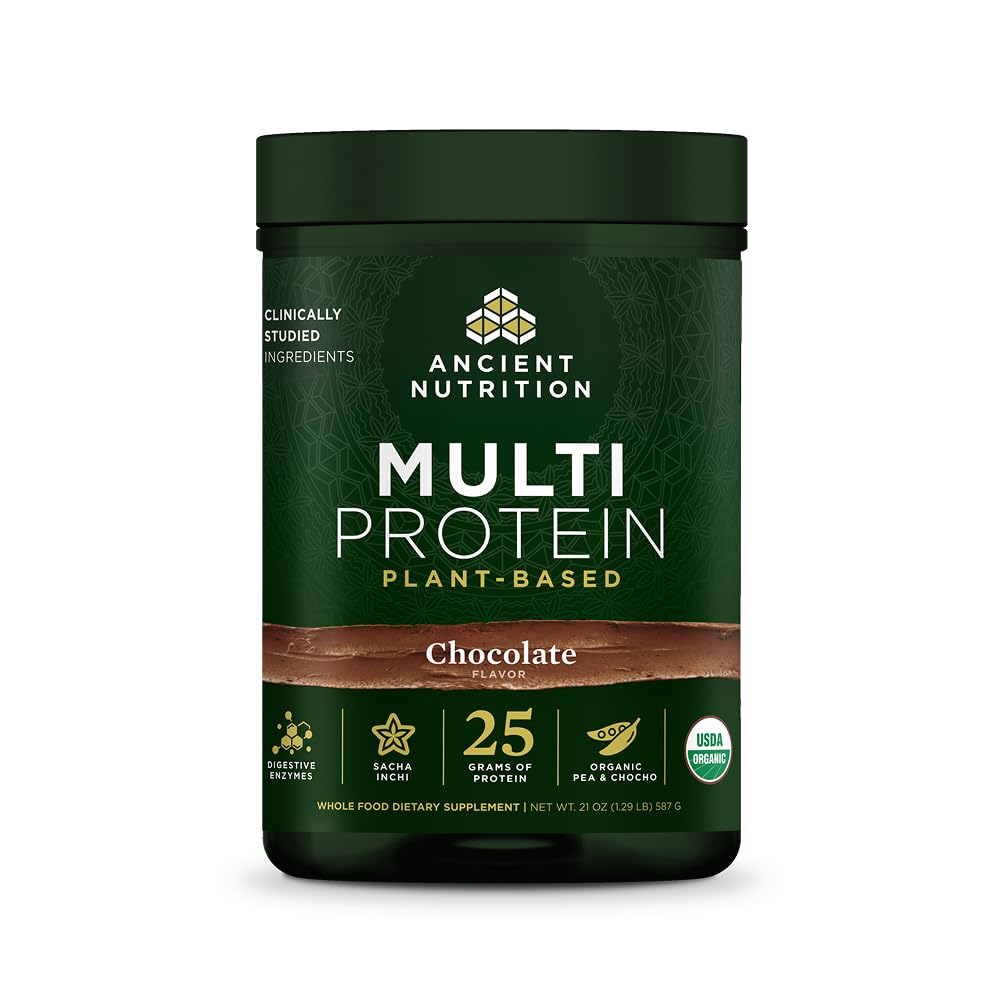 Ancient Nutrition Organic Multi Protein Plant Based Powder, 25g Protein, Hydrolyzed Pea Protein, Digestive Enzymes & Probiotics, Supports Muscle & Gut Health, Chocolate, 15 Servings