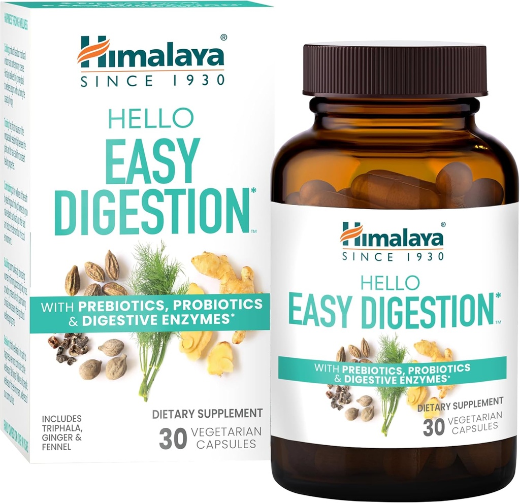 Himalaya Hello Easy Digestion, Digestive Enzymes with 2 Billion CFU Probiotics and Prebiotics, Plus 100 mg Билкови Digestive Support with Jinger, Fennel & Triphala, 30 Вегетариански капсули