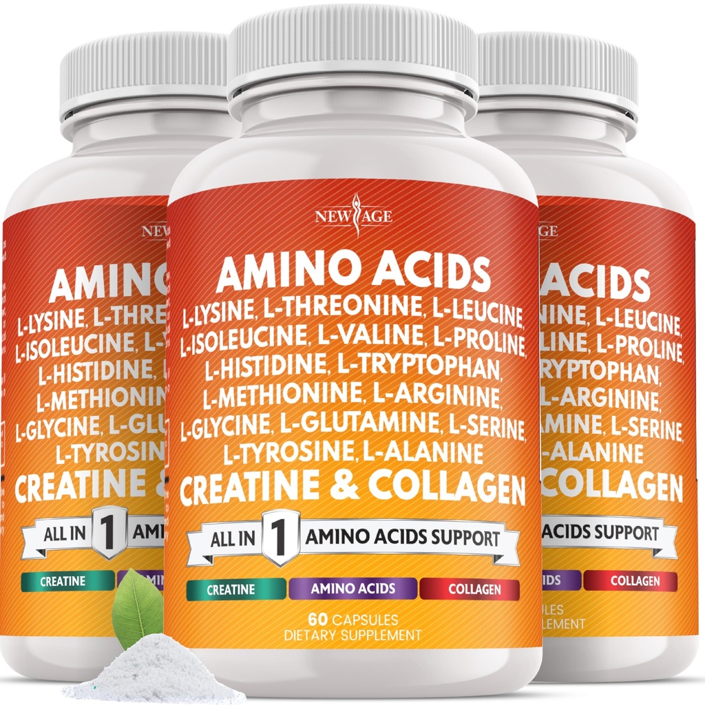 NEW AGE Amino Acids Supplement L-Lysine, L-Threonine, L-Leucine, Isoleucine, Valine, L-Histidine, L-Tryptophan, L-Methionine, L-Arginine, L-Cysteine, L-Glutamine, L-Serine, Aspartic Acid- 180 Count