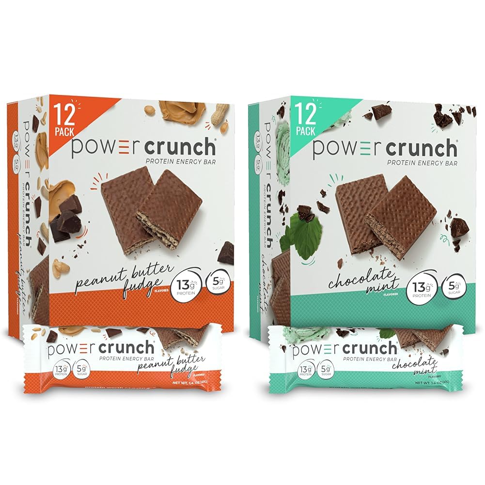 Power Crunch Protein Wafer Bars, High Protein Snacks, Peanut Butter Fudge, 1.4 Ounce (12 Count) and Chocolate Mint, 1.4 Ounce (12 Count)