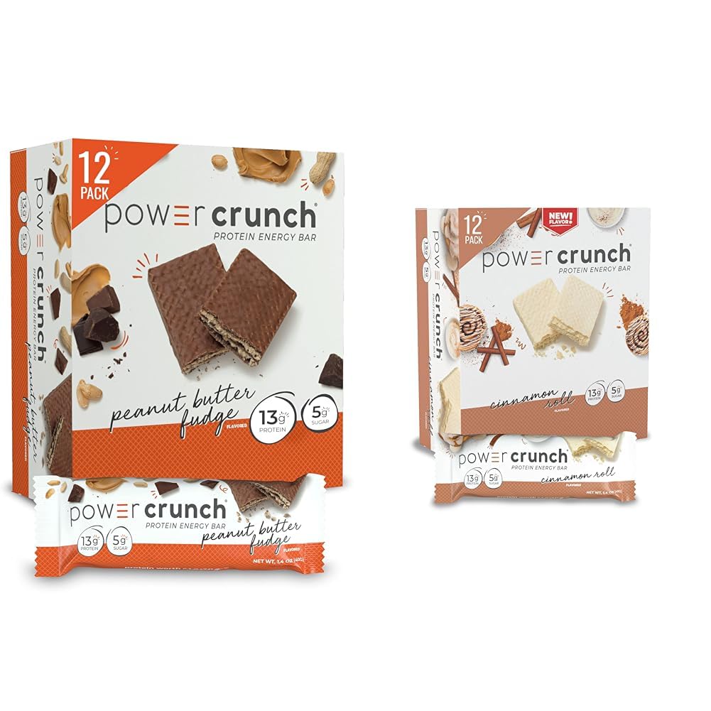 Power Crunch Protein Wafer Bars, High Protein Snacks, Peanut Butter Fudge, 1.4 Ounce (12 Count) and Cinnamon Roll, 1.4 Ounce (12 Count)