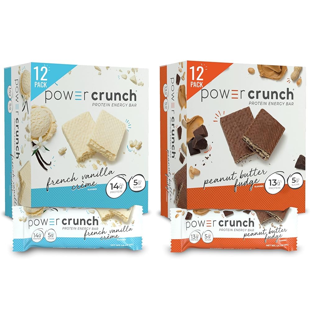 Power Crunch Protein Wafer Bars, High Protein Snacks, French Vanilla Creme (12 Count) and Peanut Butter Fudge (12 Count)