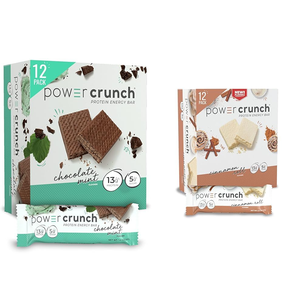 Power Crunch Protein Wafer Bars, High Protein Snacks, Chocolate Mint (12 Count) and Cinnamon Roll (12 Count)