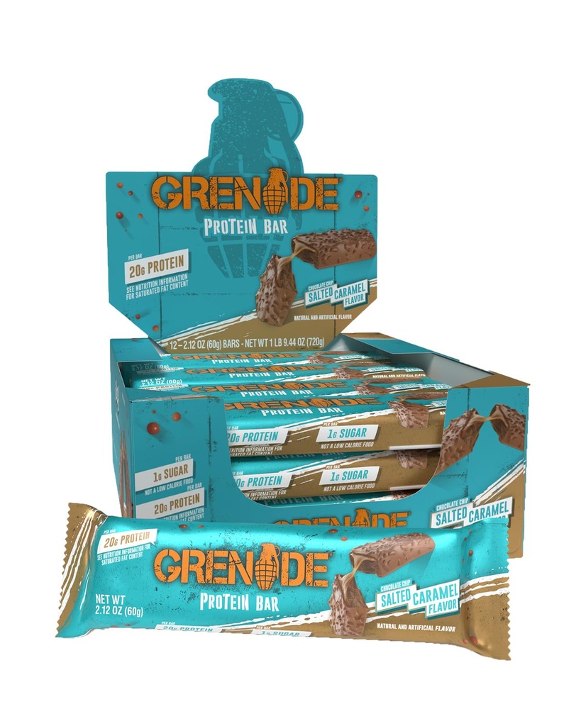 Grenade Chocolate Chip Salted Caramel High Protein Bar, 20 g Protein and 1 g Sugar per Snack Bar, 12 Count, 2.1 oz Bars