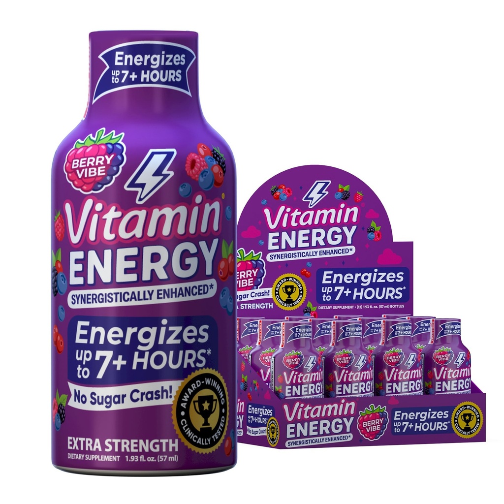 Vitamin Energy Mood+ Extra Strength Energy Shot Tropical Berry 12 Pack, 260mg Natural Caffeine, B-Vitamins, Rhodiola, Chamomile, Mood & Energy Support, Zero Sugar, Gluten-Free, Vegan, 1.93 fl oz