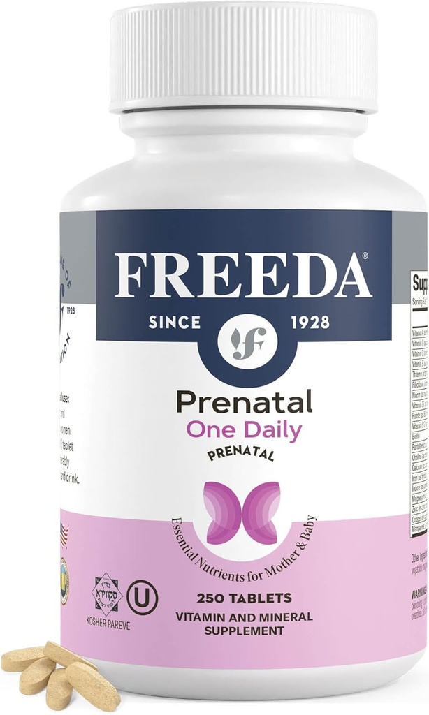 FREEDA Prenataali vitamiini - Kosher Prenataalit - Prenataali vitamiinit rautaa, prenataalia Foolihappoa, koliinia, D-vitamiinia - Yksi päivä prenataali monivitamiini tukea raskaana oleville ja laktatoiville naisille (250)