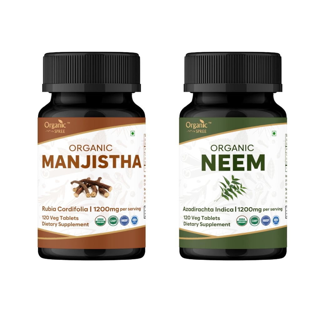 ORGANIC SPREE Manjistha & Neem Supplement – 120 Tablets Each – USDA Organic Herbal Skin & Detox Formula – Rubia Cordifolia & Azadirachta Indica