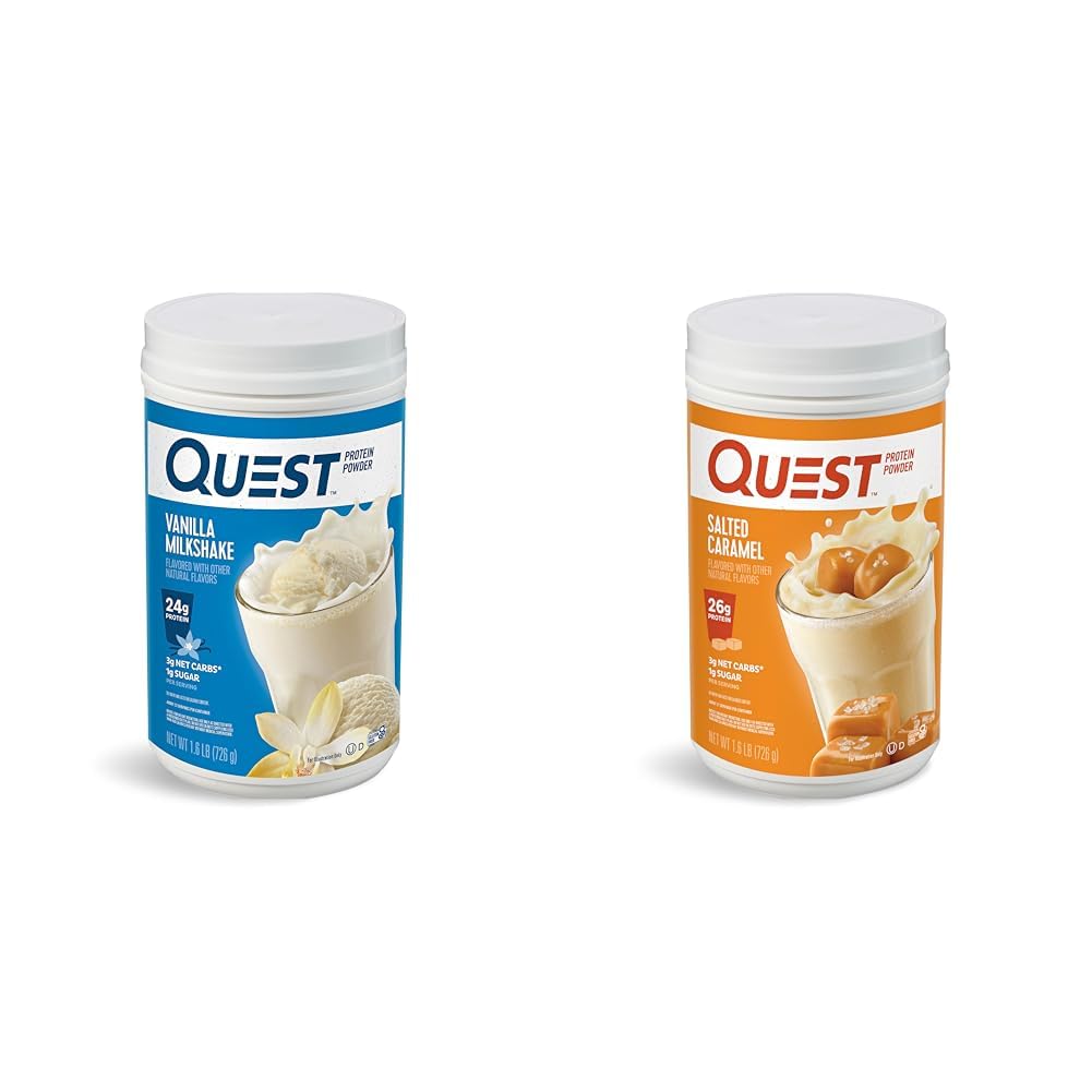 Quest Nutrition Vanilla Milkshake Protein Powder, 24g of Protein, 1g of Sugar, 1.6 Pound, 23 Servings & Salted Caramel Protein Powder; 26g Protein; 1g Sugar; Low Carb; Gluten Free
