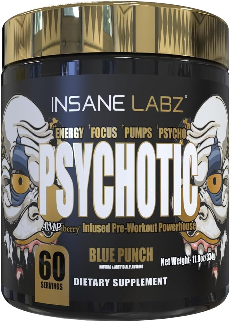 Insane Labz Psychotic Gold, High Stimulant Pre Workout Toz, Extreme Lasting Energy Focus, Pumps and Endurance with Beta Alanine, DMAE Bitartrate, NO Branson (60 Hizmet, Blue Punch)