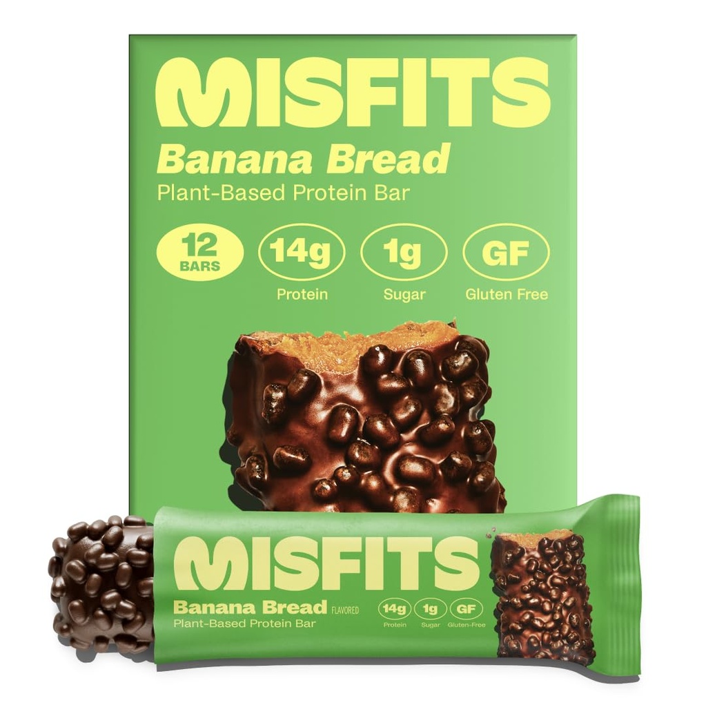 Misfits Vegan Protein Bars - Banana Bread | Nutrition Bars - 14g Protein, 1g Sugar, Plant-based, Low Carb, Non-GMO, Gluten Free Snacks | Pack of 12