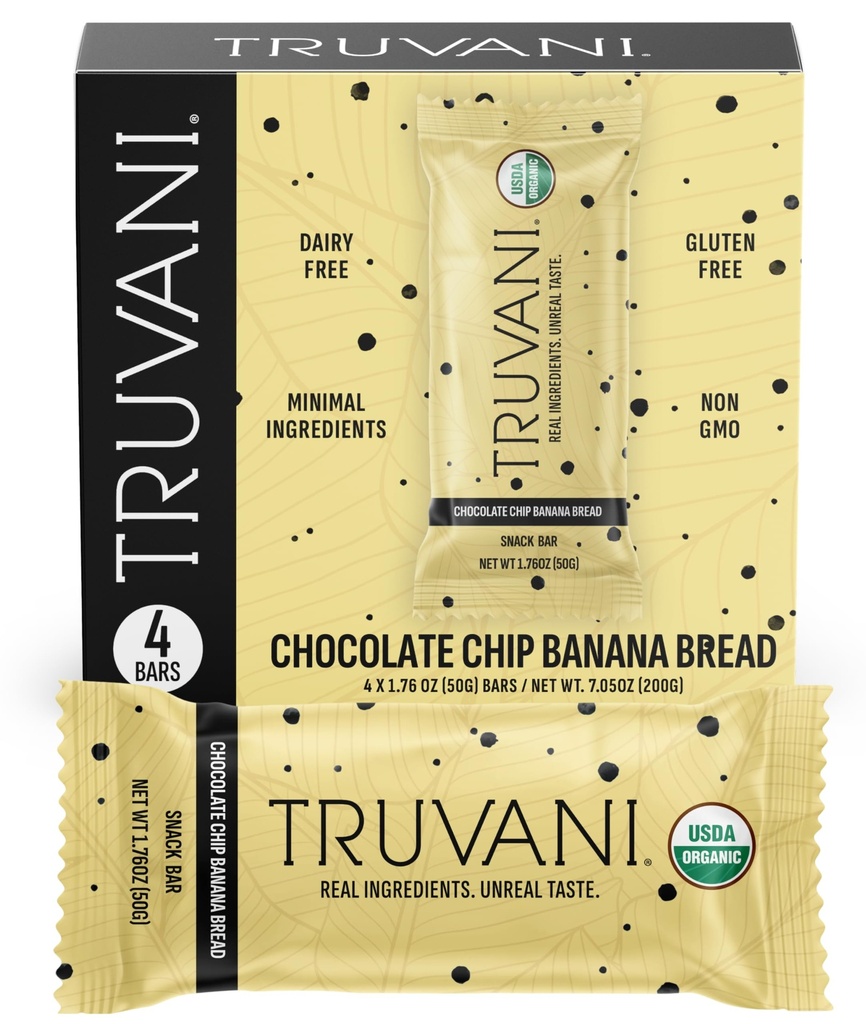 Truvani Plant Based Snack Bars | Chocolate Chip Banana Bread 4 Pack | 5g Protein | USDA Organic and Vegan | The Only Bar | Dairy, Soy, and Gluten Free | Individually Wrapped