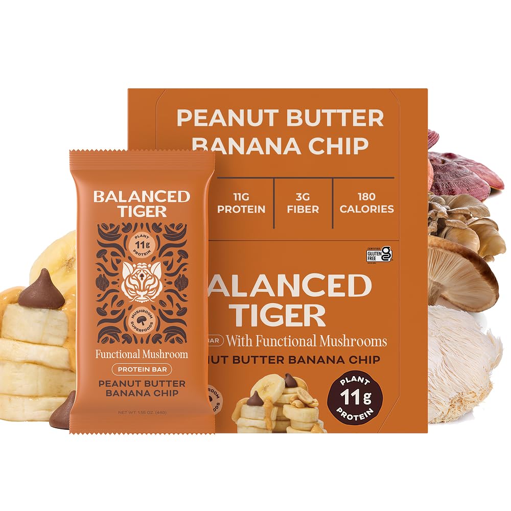 Balanced Tiger Vegan Protein Bars | Plant Based Protein Bars w/Functional Mushrooms - Lions Mane, Shitake, Reishi & Maitake | Peanut Butter Banana Chip Flavor, 12 Pack