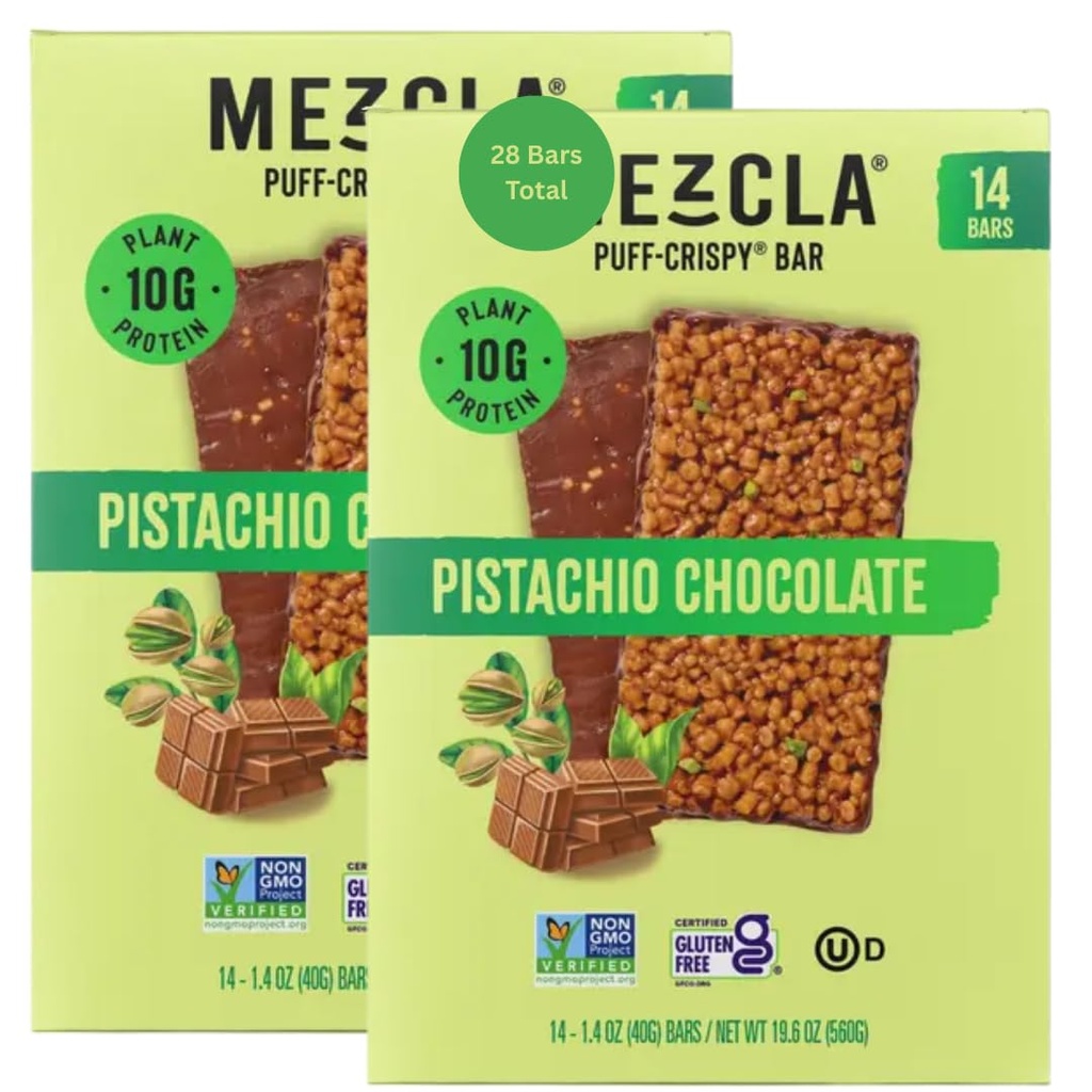 Mezcla" Plant Based Protein Bars Puff-Crispy Bar, Pistachio Chocolate, 1.4 oz Bars, Plant-Based Protein Snack, Gluten Free, 14 Count (Pack of 2)