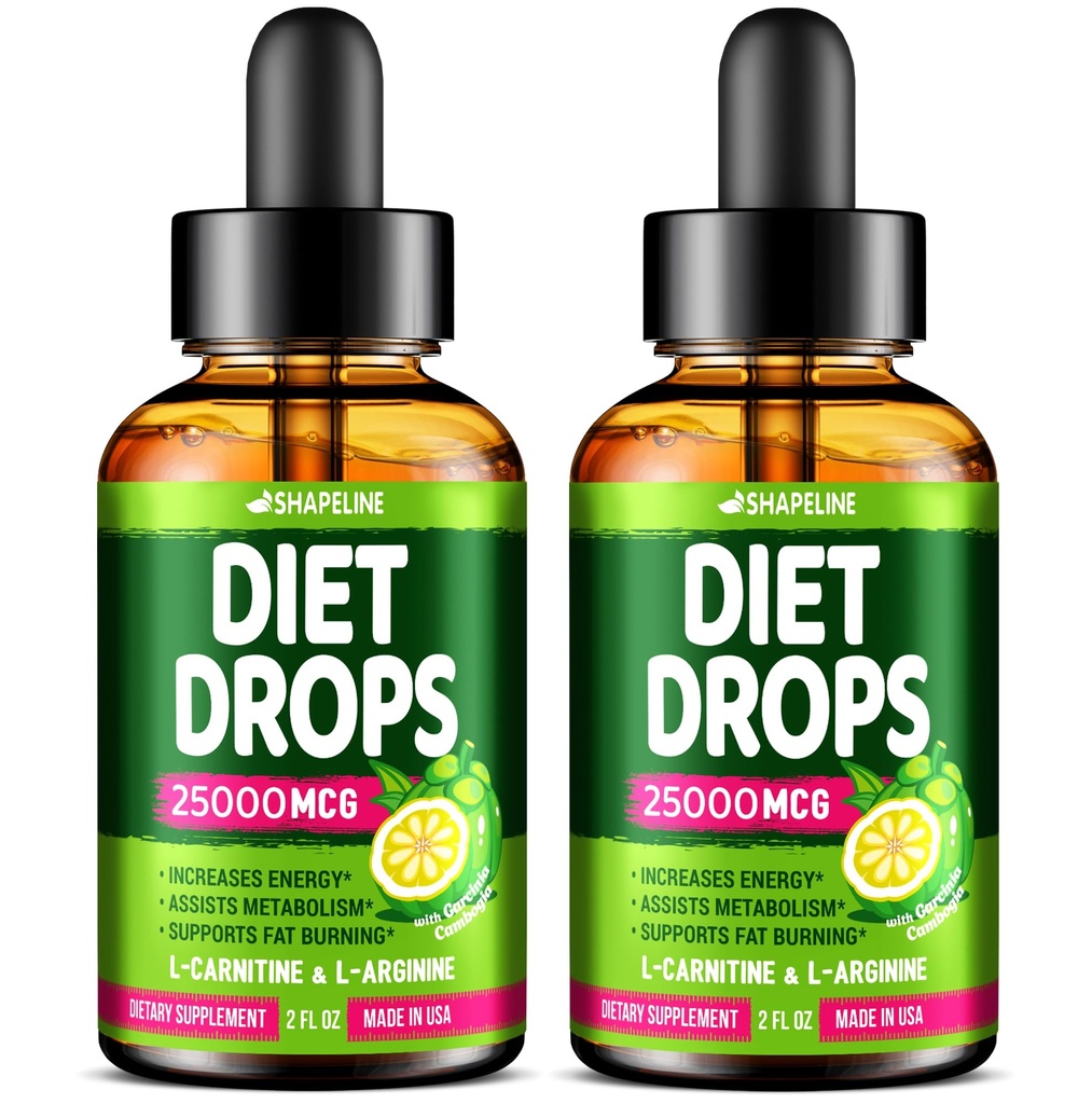 Appetite Suppressant Diet Drops 2 Pack – Liquid Fat Burner with L-Carnitine & Green Tea – Metabolism Booster for Weight Loss – Fast Absorption Supplement with Garcinia Cambogia – 2 x 2 Fl Oz